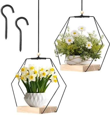 Produktbild von Hängende Macramé Blumenkörbe, 2 Stück, Metall, Hängende Blumenstand, Hängende Blumenkorb mit Holzfuß, Balkon- und Hausdeko.