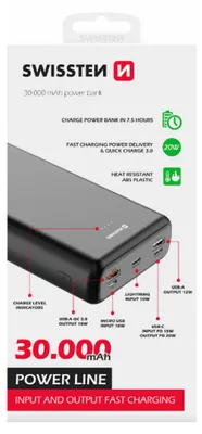 Produktbild von Swissten 22013914, 30000 mAh, Quick Charge 3.0, Schwarz
