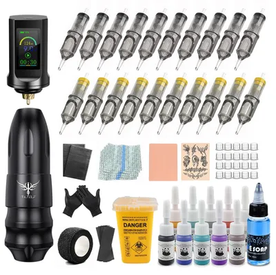 Tattoo-Pen-Set, kabellos, 1900 mAh, 20 Nadeln, 10 Tinten