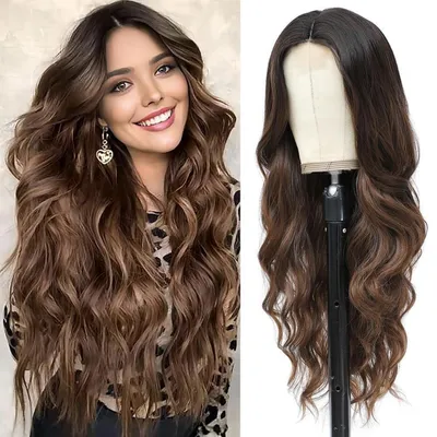 Productafbeelding van Lang, golvend bruin pruik, 66 cm, middenscheiding, krullend, hittebestendig, synthetisch, ombre bruin