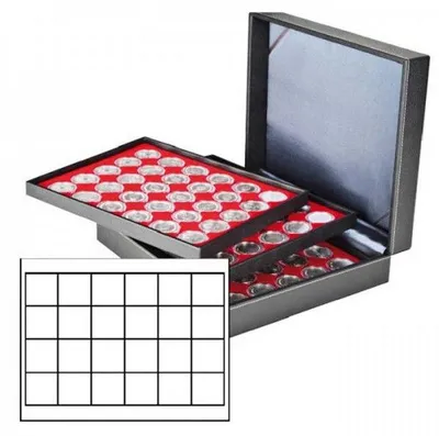 Produktbild von Lindner 2365-2124E Münzkassette NERA XL mit 3 Tableaus und hellroten Münzeinlagen mit 72 quadratischen Fächern für Münzen/Münzkapseln bis Ø 42 mm