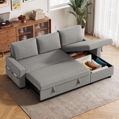 Obrázek produktu pro Rohová rozkládací pohovka BEALIFE, rozměry 205x136x87 cm, s úložným prostorem a rozkládací plochou | 3-4 místná, vhodná do obývacího pokoje | Světlě šedá | AR49