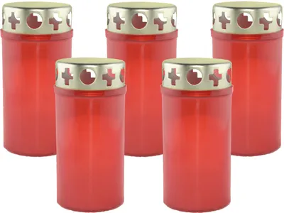 Produktbild von Set of 5 Longlife Funeral Candles – 60 Hours Burn Time – Red Wax – Gold Lids