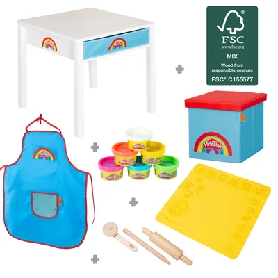 Produktbild von roba x Play-Doh Basteltisch mit Hocker - Spielset ausem Holz mit 6 Knetdosen, Holzwerkzeugen, 3D-Kreativmatte, Schürze & Aufbewahrung
