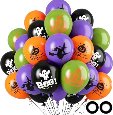 Obrázok produktu pre Sada 50 Halloweenových balónov, priemer 30 cm, farby: oranžová, čierna, fialová, zelená. Dekoračný doplnok na párty