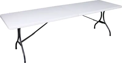 A white folding table with black metal legs is shown from a slightly elevated side angle against a white background.