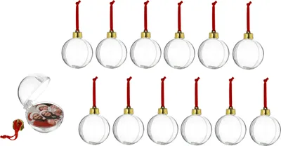 A set of 12 clear, fillable Christmas ornaments with red hanging ribbons and gold caps, arranged in two rows. One open ornament is shown in the lower-left corner, revealing a small photo inside.