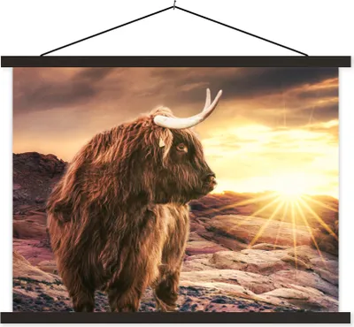 Produktbild von MuchoWow® Textilposter Schottisches Hochlandrind - Kuh - Horizont 60x45 cm mit schwarzem Rahmen - Poster Schlafzimmer