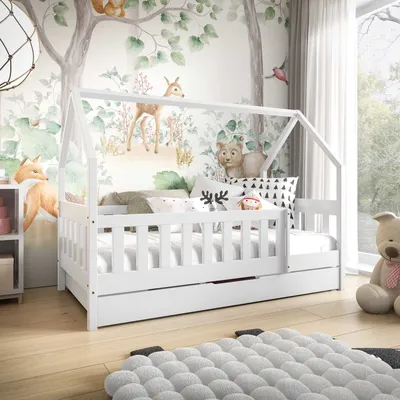 Produktbild von Kinderbett mit Matratze und Schublade, Rausfallschutz, 80x160cm Hausbett, Holzbett in Hausform in Weiß MILA