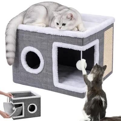 Produktbild von Juksun Faltbare Katzenhöhle Katzenhaus 41x41x36cm grau 2-in-1 mit Kratzbrett und Ball für Katzen
