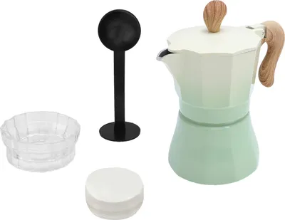 Obrázek produktu pro Italský kávovar, 150 ml, konvice s jedním ventilem a rozdělovačem kávy, lžička, papírový filtr, 3 šálky, zelený přechod