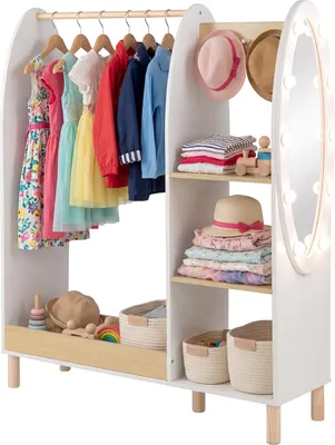 Immagine prodotto di COSTWAY Armadio per bambini con illuminazione, guardaroba per bambini con specchio, appendiabiti, ripiani e ganci, appendiabiti in legno, 91x28x110 cm, bianco