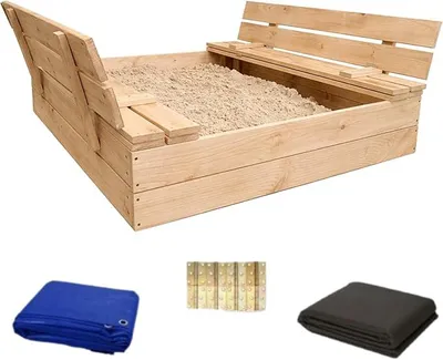 Produktbild von Sandkasten mit Abdeckung - 120 x 120 cm - Sandkasten Holz mit Deckel & Sitzbänken - Gartenspielzeug für Kinder - Sandkiste Imprägniert - Sandbox - Naturholz