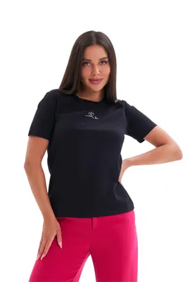 Produktbild von Damen T-Shirt - Größe 44 - Schwarz - 100 % Baumwolle - mit Herz-Motiv - Kurzarm Damen-Shirt