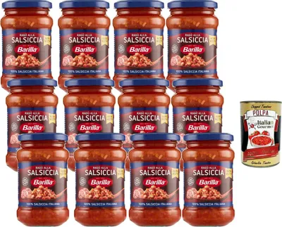 Produktbild von Barilla Ragù alla Salsiccia Pasta Sauce 12x300g Glas, italienische Tomatensauce mit Wurst, servierfertige Fleischsauce + Italian Gourmet polpa