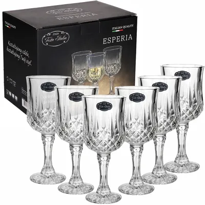 A set of six clear wine glasses with intricate diamond-cut patterns on a white background, next to their packaging box.