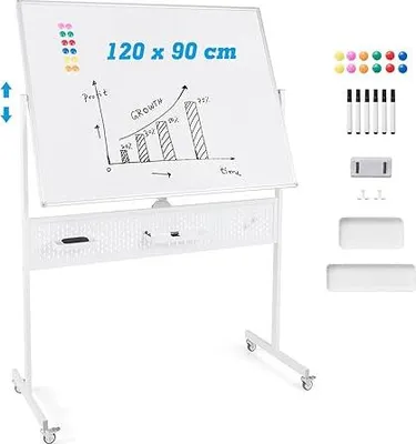 Zdjęcie produktu dla 120 × 90 cm, tablica suchościeralna, duża tablica magnetyczna z regulowaną wysokością, tablica na kołki i akcesoria, dwustronna na kółkach, biała