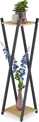 Produktbild von Relaxdays Blumenständer, 2 Etagen in Holzoptik, Metall, MDF, moderner Blumenhocker, HBT: 99x29x29 cm, schwarz/hellbraun