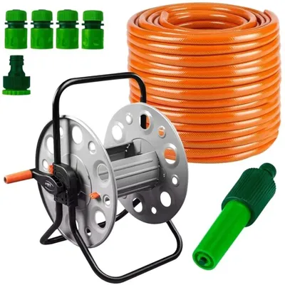 Produktbild von NEO TOOLS Gartenschlauch Set 50m 1/2" 4-lagig, Metall-Schlauchständer, VERTO Spritzdüse verstellbar, Hahnanschluss & Kupplungen