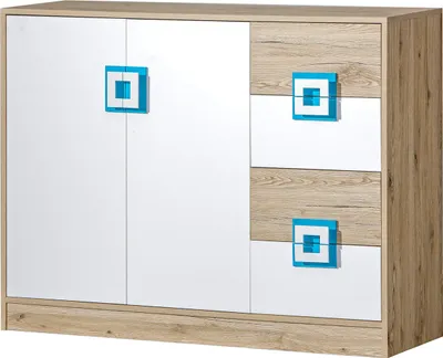 Produktbild von Furniture24 Kommode NICO 08 , Schrank, Mehrzweckschrank, Sideboard mit 2 Türen und 4 Schubkasten Hell Eiche/Weiß/Türkis