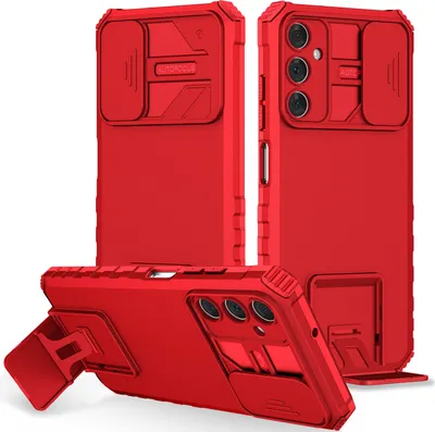 Produktbild von Dual Layer Hülle für Samsung Galaxy A05S Stossfest Robust Ständer Schutzhülle mit Schiebe Kamera Schutz Rot