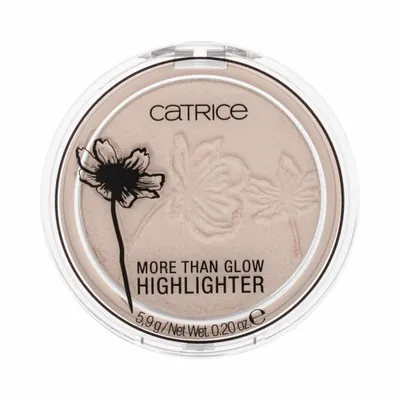 A close-up, top-down view of a Catrice More Than Glow Highlighter compact.