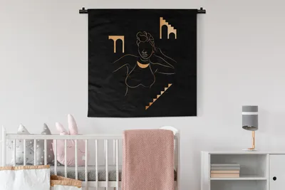 Produktbild von MuchoWow® Wandteppich Wandbehang Frau - Gold - Schwarz - Strichzeichnung 90x90 cm Tapisserie Dekoration Wandtuch - Wandaufhänger