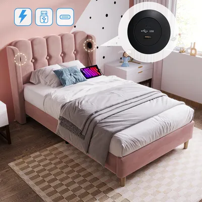 Obrázok produktu pre Čalúnená posteľ 90 x 200 cm jednolôžko s USB typu C, rám postele s lamelovým roštom, posteľ v ružovej farbe, rám postele pre mladých