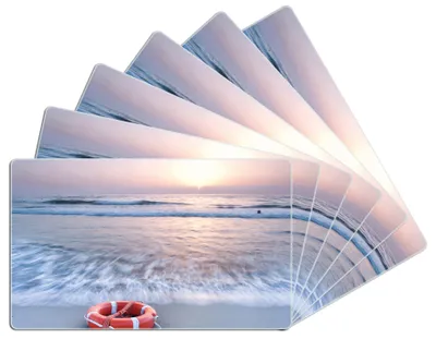 Produktbild von Wallario Frühstücksbrettchen 6er Set aus Glas, je 14 x 23 cm, mit rutschfesten Füßen, Motiv Rettungsring am Strand bei Sonnenuntergang