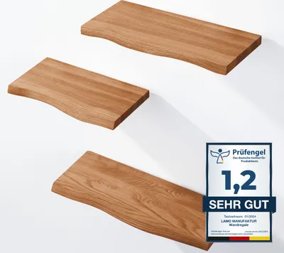 Produktbild von LAMO Manufaktur 3 Stück Wandregal aus Holz mit unsichtbarer Befestigung 42/36/30cm | Wandregal aus 100 % echtem Holz | Hängeregal für Wohnzimmer Wandregale SET 1 Baumkante Farbe: Dunkel