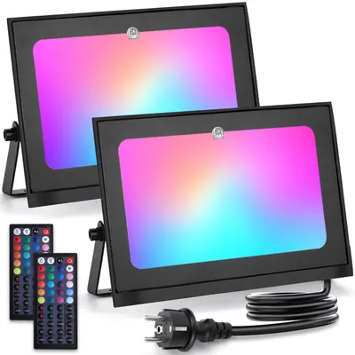 Produktbild von Aigostar RGB Strahler 50W,LED Strahler Außen mit Fernbedienung,6 Strobe Modi,DIY Modi,Timing,dimmbar LED Fluter mit Stecker,IP65 wasserdicht Flutlicht für Garten,Party,Halloween,1,5 m Kabel,2 Stück