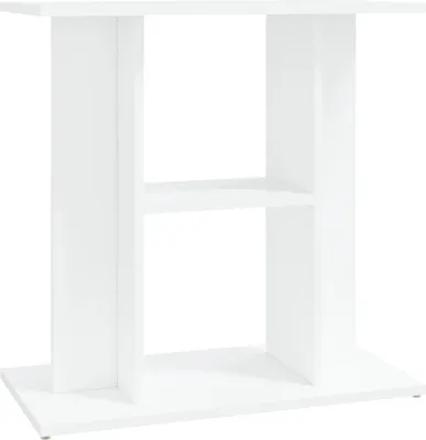 A white aquarium stand with a shelf in the middle, shown from the front.