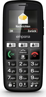 A close-up studio shot of a black Emporia senior-friendly mobile phone.
