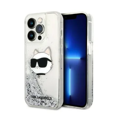 A Karl Lagerfeld iPhone 14 Pro Max case with a Choupette Head design and glitter.