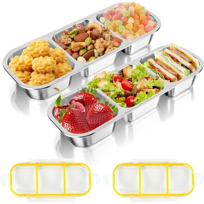 Obrázek produktu pro Sada svačinových krabiček s přihrádkami, vyrobeno z nerezové oceli, 2 přihrádky, 3 přihrádky, bez BPA, pro školy a kanceláře