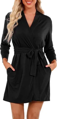 Produktbild von Famanu Bademantel für Damen - Sommer, kurz, V-Ausschnitt, 3/4 Ärmel, Baumwolle