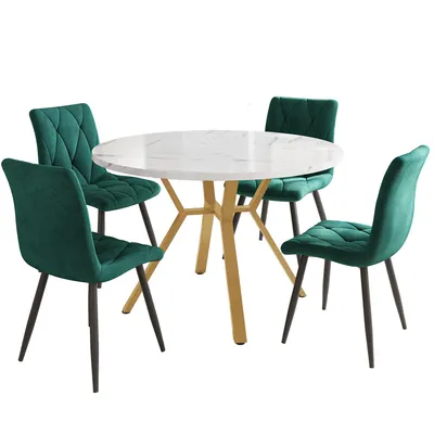 Produktbild von Esstisch-Set, Esstisch- und Stuhlset (5-teilig), modernes, schlichtes rundes Esstisch- und Stuhlset aus Marmor, Grüner Esszimmerstuhl