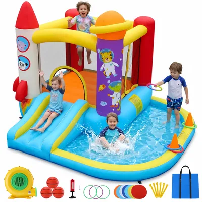 Produktbild von Hüpfburg mit Rutsche & Gebläse, 310x265x215cm Aufblasbare Springburg 3-12 J., Ballpool, Basketballkorb, Wurfspiel, Indoor/Outdoor Garten Spielschloss