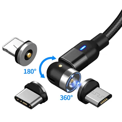 Produktbild von 3-1 Nylon Magnet Ladekabel Schwenkbar - Typ C - Lightning - Micro USB - 2 Meter in Schwarz für Apple, Samsung, Xiaomi