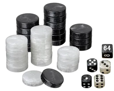 Obrázok produktu pre Sada figúrok na backgammon, stredná veľkosť 28 x 8 mm, plast, čierna/biela, s kockami