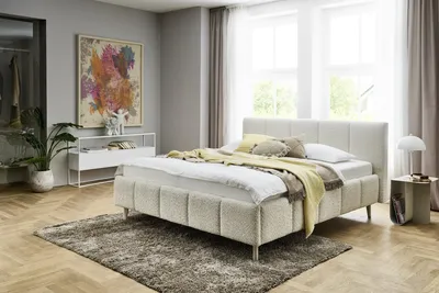 Produktbild von Meise Möbel Polsterbett Alva 160x200 cm | Bettgestell | Kopfteil mit Einzügen | Bouclé-Stoff Cream | Holzfuß sandfarbig
