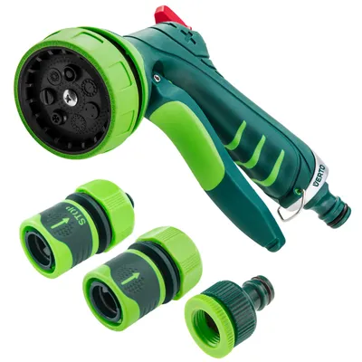 Produktbild von VERTO Set mit Sprinklerpistole, Zweistoffarmaturen, 1/2" Wasserhahnanschluss, 4 Elemente: Spritzpistole mit 7-Funktionen, Verbindungsstück 1/2", Verbindungsstück STOP 1/2", Wasserhahnanschluss