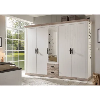 Produktbild von Großer Kleiderschrank Landhausstil FERNA-61 in Pinie weiß Nb. mit Absetzungen in Pinie dunkel Nb., B/H/T: ca. 265/201/60 cm