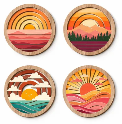4er-Set runde Holzwanddeko Boho mit Sonnenuntergang
