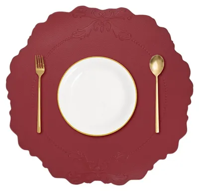 Runde Leder-Platzsets, 38x35 cm, rutschfest, hitzebeständig, weinrot