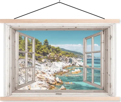 Produktbild von MuchoWow® Textilposter Aussicht - Baum - Meer 120x80 cm mit holzfarbenen Rahmen - Aufhängeset
