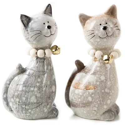 Produktbild von 2 Deko Katzen grau braun aus Keramik - 18,5 cm Katzenbesitzer Geschenk