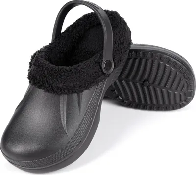 A pair of black clogs with faux fur lining, shown from a slightly elevated side angle.