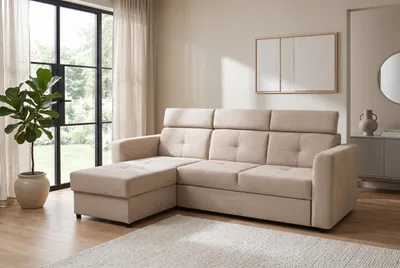 Produktbild von POCKET Universelles Ecksofa 230x165 cm L-Form mit Schlaffunktion, Bettkasten & Verstellbaren Kopfstützen, Beige – KING 5