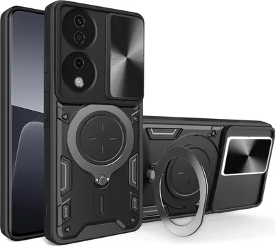 Produktbild von Handyhülle für Honor X7b Dual-Layer Stoßfest Rüstung Hülle mit Dia Kameraschutz und Kreisförmig Ring Ständer Schwarz